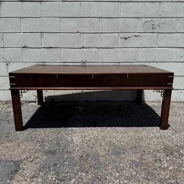 Vintage Drexel Heritage Burl Walnut Brass Chippendale Style Coffee Table Wood Campaign Living Room Furniture Chinoiserie CUSTOM PAINT AVAIL 