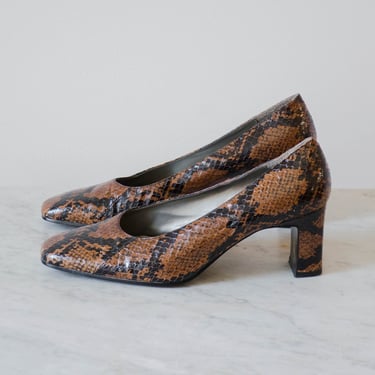 brown snakeskin heels | 90s y2k vintage Bandolino black brown leather square toe high heel pumps size 8 