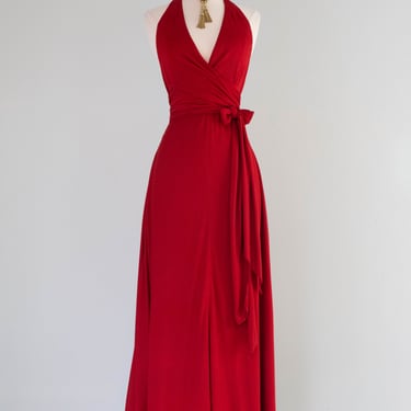 Stunning and Rare 1970's Holly's Harp Crimson Silk Jersey Halter Gown / SM