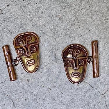 Vintage 1940s 1950s Mexican Cufflinks, Casa Maya Brass and Copper Masks, Mid-Century Men's Accessories, VFG 
