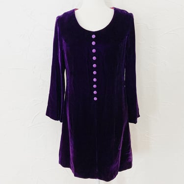 60s/70s Deep Purple Velvet Dress with Satin Buttons and Bell Sleeves | Medium 