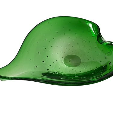Mid Century decorative glass bowl, Emerald green controlled bubble blown glass, Table top accent, Minimalist MCM, Organic modernist decor 