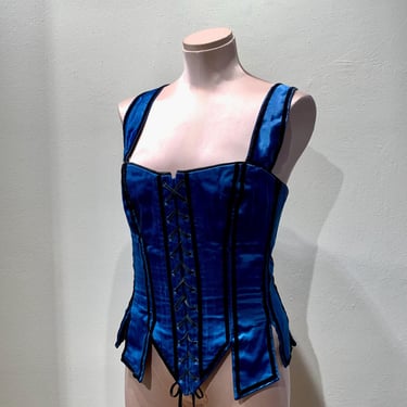 Vintage 1980'S Corset with Boning - Guthrie Theatre Production Piece - Handmade in Vivid Blue Satin - Black Velvet Details - Size Medium 