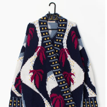 Epic vintage wool cardigan coat in navy with multicoloured palm trees and love hearts - L / XL 