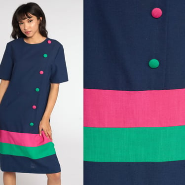 90s Midi Dress Striped Blue Pink Shift Short Sleeve Vintage 80s Sheath Dress Secretary Dress Minidress Medium Large 