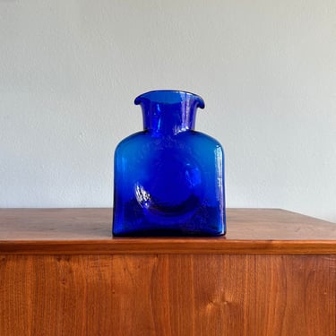 Vintage Blenko water bottle in dark blue  / hand-blown glass vase decanter / double-spouted pitcher 