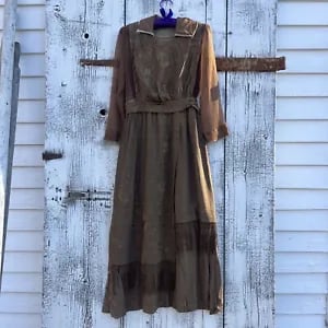 Antique Teens Brown Silk Piano Shawl Dress Floral Embroidery Edwardian Vintage