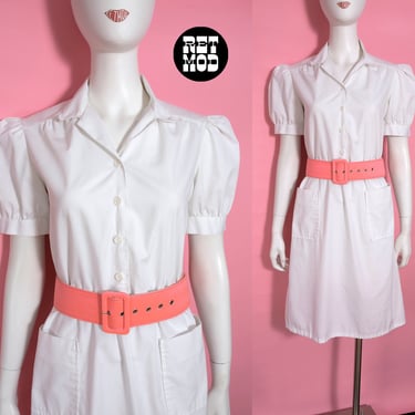 Adorable Vintage 70s 80s White Cotton Dress with Puff Sleeves and Pockets 