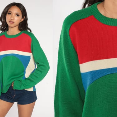 Green Striped Sweater 80s Wool Blend Pullover Knit Sweater Retro Crewneck Basic Color Block Red White Blue Vintage 1980s Medium Large 