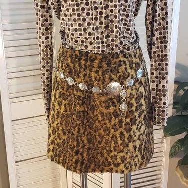 Vintage 80s /90s Tina Hagen Fuzzy Leopard Miniskirt  S  26 waist USA Made 