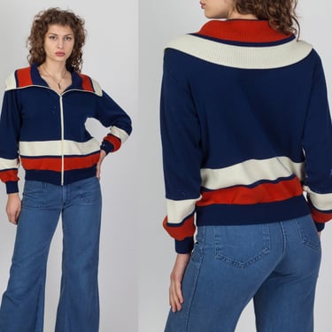 70s Navy Blue Striped Track Jacket - Men's Small | Vintage Zip Up Tennis Sweatshirt 