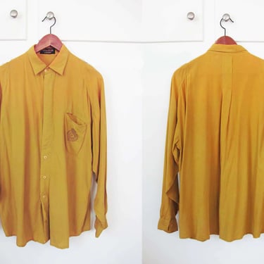 90s Mustard Yellow Blouse Large  - Vintage 1990s Sun Fade Long Sleeve Collared Button Up Shirt - Minimalist Clothing - Baggy Oversized Shirt 