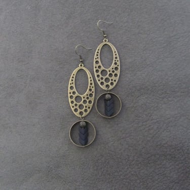 Bronze ethnic earrings, geometric earrings, statement earrings, chunky bold earrings, etched metal earrings, black arrow earrings, modern 