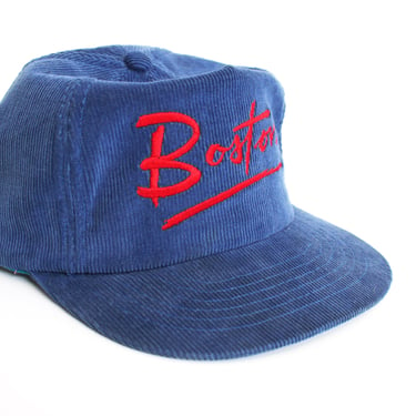 Vintage 80s Corduroy Trucker Hat - Boston Souvenir, Blue and Red, Red Cursive Embroidery 