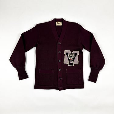 1950s Vintage Men's Collegiate Cardigan / 1952 / Cat / M / Cougar / Tiger / Purple / Oxblood / Small / Pockets / Letterman / S / Patch / 