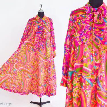 1970s Pink Psychedelic Print Maxi Dress | 70s Hot Pink Abstract Print Maxi Dress | Hostess Dress | Danielle of California | Medium 