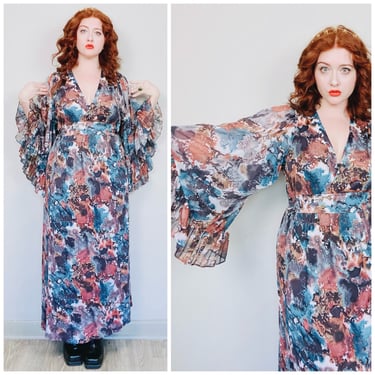 1970s Vintage Blue and Brown Abstract Print Angel Sleeve Dress / 70s / Seventies Nylon Ruffled Trim Plunging Neck Maxi Gown / Size XL - XXL 