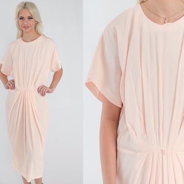 Pale Pink Dress 80s Pleated Cocoon Dress Simple Midi Dress Plain Basic Short Sleeve Preppy Formal Grecian Vintage 1980s Medium Large 