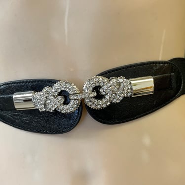black jeweled stretch belt 1980s elastic ornate rhinestone buckle large / XL 