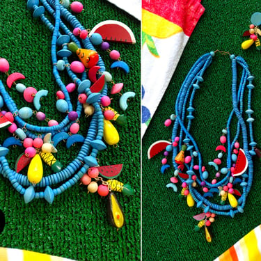 FANTASTIC Vintage 80s 90s Colorful Wooden Painted Fruit Statement Necklace & Matching Earrings 