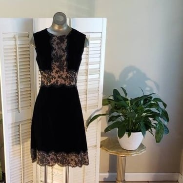 Vintage 60s Black Velvet Dress Aline with Inset Lace Detail 