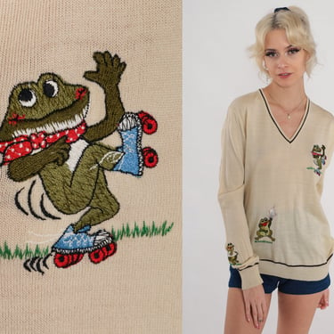70s Frog Sweater Cream Novelty Sweater Embroidered Animal Pullover V Neck Jumper Roller Skate Kawaii Acrylic Vintage 1970s Cute Medium 