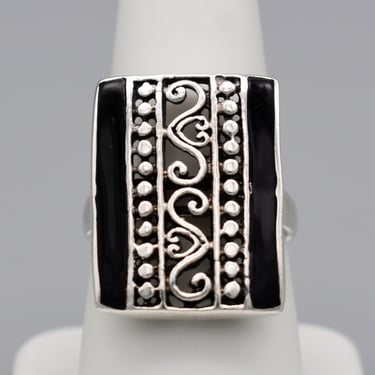 80's 925 silver black onyx CFJ Sharon Evans size 8.25 shield ring, Byzantine style open work sterling statement 