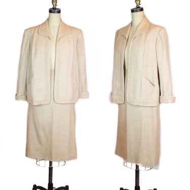 1950s Suit ~ Oatmeal Trapunto Boxy Skirt Suit Set 