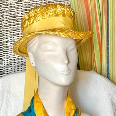 Sunny Yellow Raffia Hat, Vintage 60s Hat, Mr. Charles, Woven Raffia Straw, Grosgrain Ribbon Trim 