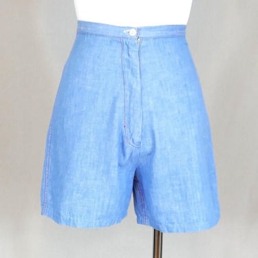 60s Light Blue Shorts - 23" waist - Red Stitching - Woven Cotton - Vintage 1960s - XXS XS 