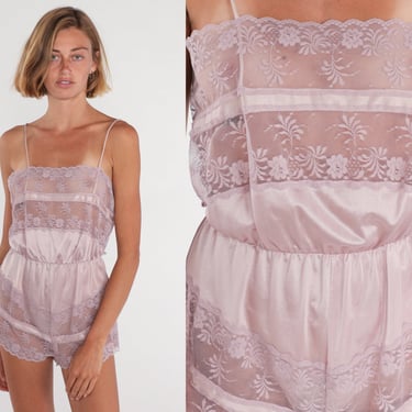 70s Pink Lace Teddy Romper Lingerie Bodysuit Sheer Floral One Piece Shorts Sleeveless Leotard Playsuit Intimates Boho Vintage 1970s Small S 