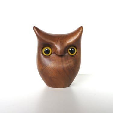 Vintage Mid Century Modern Myrtlewood Owl Figurine With Glass Eyes, Hand Crafted Wooden Owl From Oregon Coast 