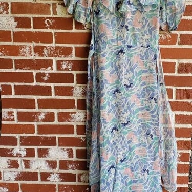 Blue Print Vintage 20s/30s Cotton Organza Sheer Day Dress   M Floral Print RARE Tea, Garden Party Downton Abbey 