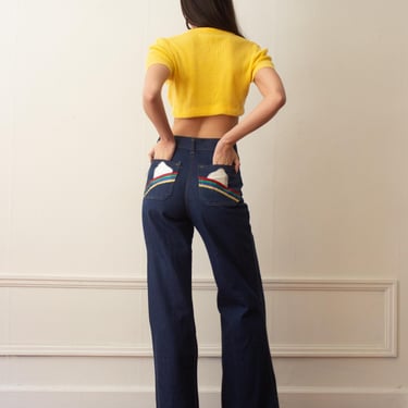 1970s Dark Denim Bell Bottom Jeans with Satin Pockets 