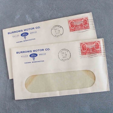 Lot of Two Vintage 1930s Ford Dealership Window Envelopes 1937 Postage Cancel - Burrows Motor Co in Yakima Washington 