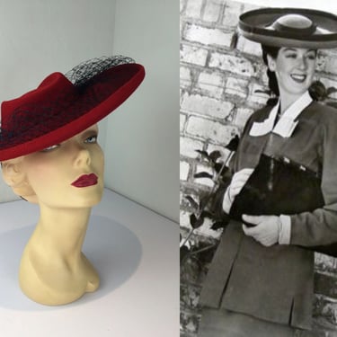 Rosalind's Fashionable Ways - Vintage 1940s Red Wool Felt Wide Brim Oval Breton w/Navy Netting 
