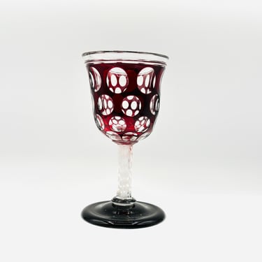 Vintage Bohemian Crystal Ruby Red Cranberry Wine Glass Hand Cut by LeChalet