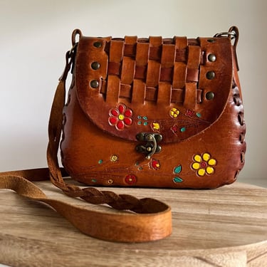 Hand Painted Floral Western Brown Woven Genuine Leather Crossbody Square Bag 