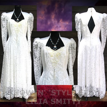 Lilia Smitty Cowgirl Vintage Western White Lace Wedding Dress Boot Hemline Sequins Beads Sheer Sleeves Princess Waist, Medium (see meas.) 