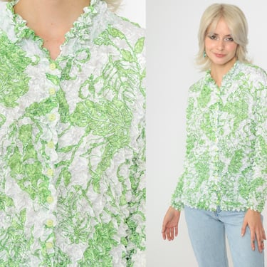 Vintage Y2K Popcorn Shirt Tropical Leaf Print White Green Long Sleeve Textured Magic Bubble Blouse Button Up Small Medium xs 