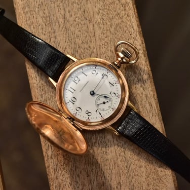 1901 Waltham 14K Gold Pocket Watch Converted Ladies Wristwatch, Engine Turned Engraved Hunter-Case, Black Lizard Skin Wristband 