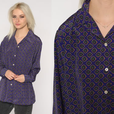 90s Geometric Shirt Purple Abstract Pattern Button Up Blouse Retro Grunge Boho Top Statement Print Long Sleeve Hipster Vintage 1990s Large L 