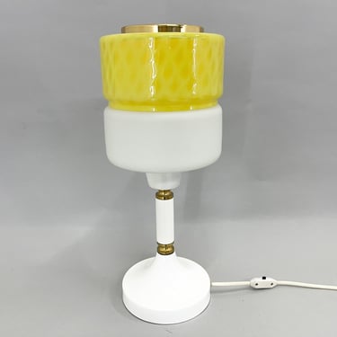 1970's Tall Yellow & White Glass Table Lamp with Brass Details by Drukov, Marked / Vintage Table Lamp / Desk Lamp / Mid Century Lighting 