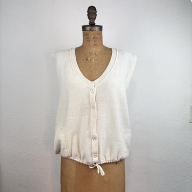Vintage 70s Sonia Rykiel Ivory Wool Sweater Vest with Drawstring and Pockets S 