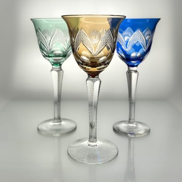 Crystal Wine Glasses | Elegant, Mid Century Glassware | Colored Cut Crystal with Floral Pattern 