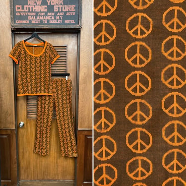 Vintage 1960’s Hippie Mod Peace Sign Woodstock Joseph Magnin Pop Art Two Piece Outfit, Shirt, Top, Pants, Knit, Peace Sign, Hippie, Mod, 