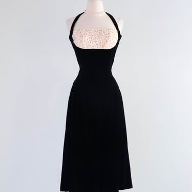 Iconic 1950's Black Velvet Halter Dress With Floral Lace / SM