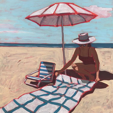 Woman on Beach #12 - Original Acrylic Painting on Canvas 20 x 20, sand, bathing suit, ocean, sea, michael van, umbrella, pink, fine art, red 