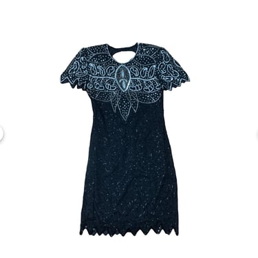Vintage 1980s Silky Nites by Cherish Black Natural Silk Silver Sequin Disco Dress Size M 