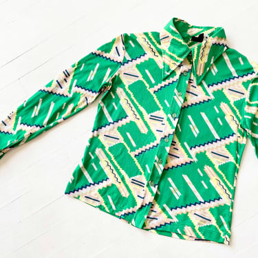 1970s Green Geometric Print Dagger Collar Shirt 